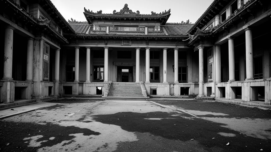 Monochrome、Use an abandoned Chinese-style mansion as background material