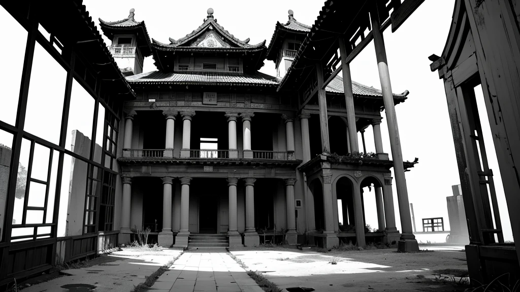 Monochrome、Use an abandoned Chinese-style mansion as background material