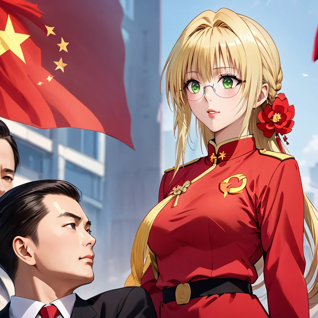 ((Highest quality)), ((masterpiece)), (detailed), （Perfect Face）、The woman is a Chinese woman named Tieryu Lunatique, a green-eyed, blonde, medium-length-haired Chinese woman wearing an engagement ring. She has become a member of the glorious Chinese Communist Party and has sworn absolute loyalty to the Communist Party of China. She is a righteous Communist Party member of the ruling Communist Party of China and the wife of a great Communist Party official.、The woman is wearing the fine uniform of a Chinese Communist Party member.、For the sake of China, their hairstyles, clothes, and everything they wear are all Chinese Communist Party items, and their thoughts are also Chinese, becoming great Chinese in body and mind.、The woman became a Chinese woman named Tiare Lunatique, who was proud of China and loved it devotedly.、She is serving China as a member of the great Communist Party of China.、The woman is a beautiful, respectable and exemplary Communist Party member.