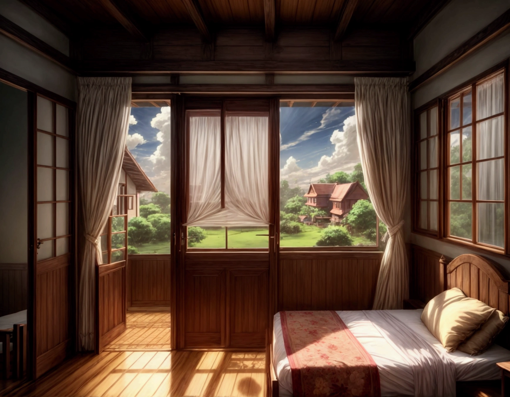 A4 size, landscape, anime style, best quality, high resolution, sri lankan, house, room, close, window, close, wooden door, close, curtain, evening sky, middle class girl, in room, relax home dress,