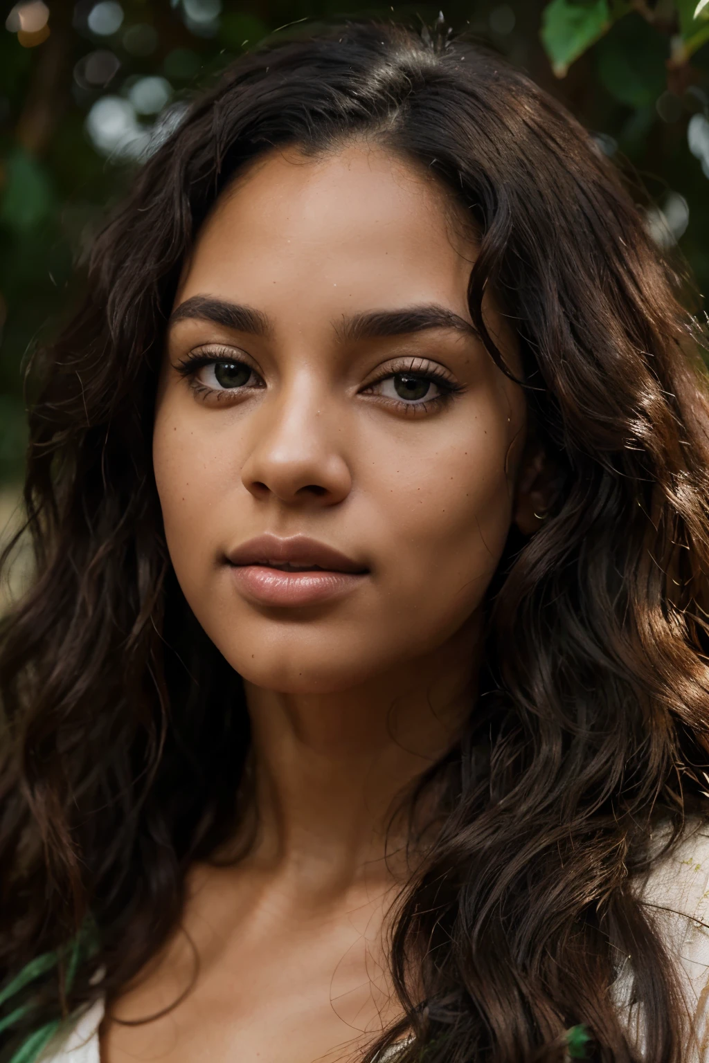 Lovely black woman, 24 years old,long curly hair color brown, green natural eyes, beautiful lip, close-up portrait, extremely detailed face, hyper realistic, photorealistic, HDR, 8K, masterpiece, intricate details, cinematic lighting, vivid colors, warm tones, natural skin texture, flawless complexion