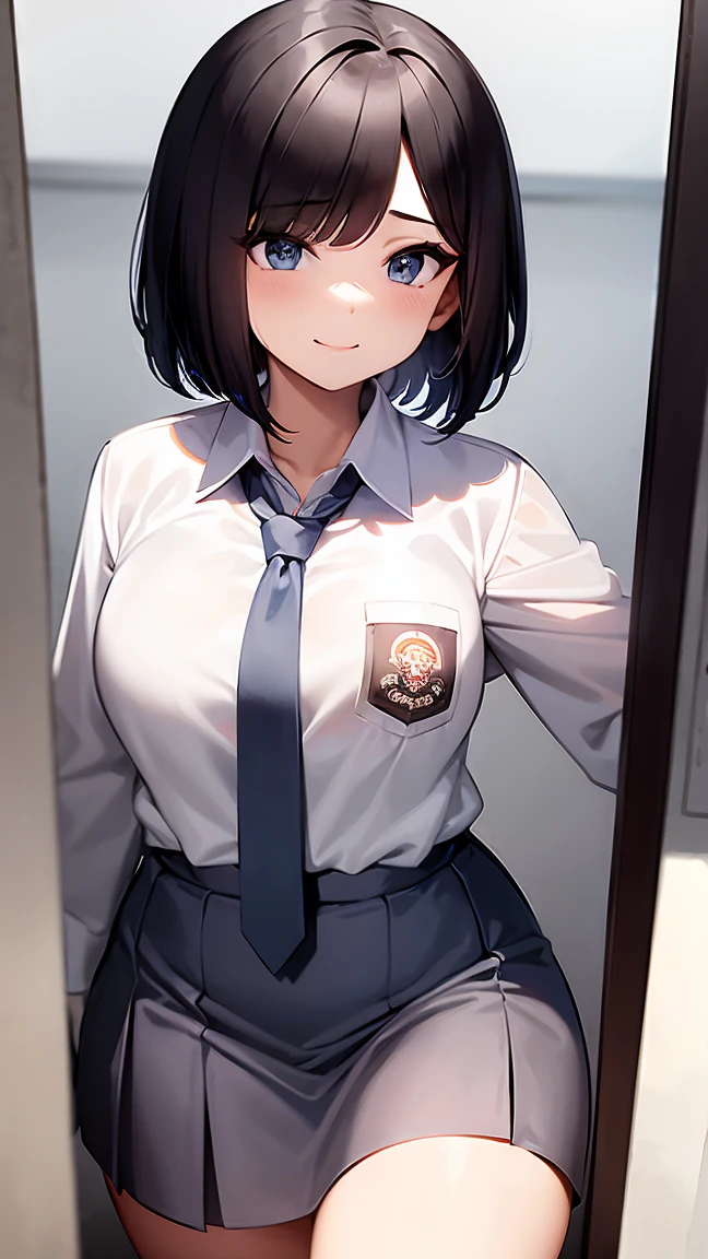 1 woman, ************, (Short Layered Bob haircut, black hair), scared face expression, plump body, blue eyes, Indonesian high-school uniform, (wearing transparent white shirt, long sleeves, light-grey tie), osis logo on shirt pocket, medium breasts, long light-grey pleated skirt, dynamic pose, cowboy shot, shy, in the classroom, smiling.