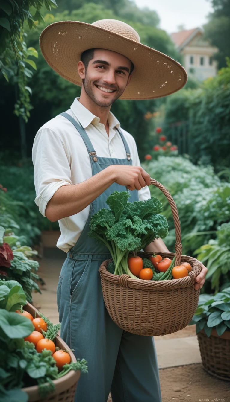 A gardener in a wide-brimmed hat stands smiling with a basket of vegetables in the garden and waves his hand welcomingly 