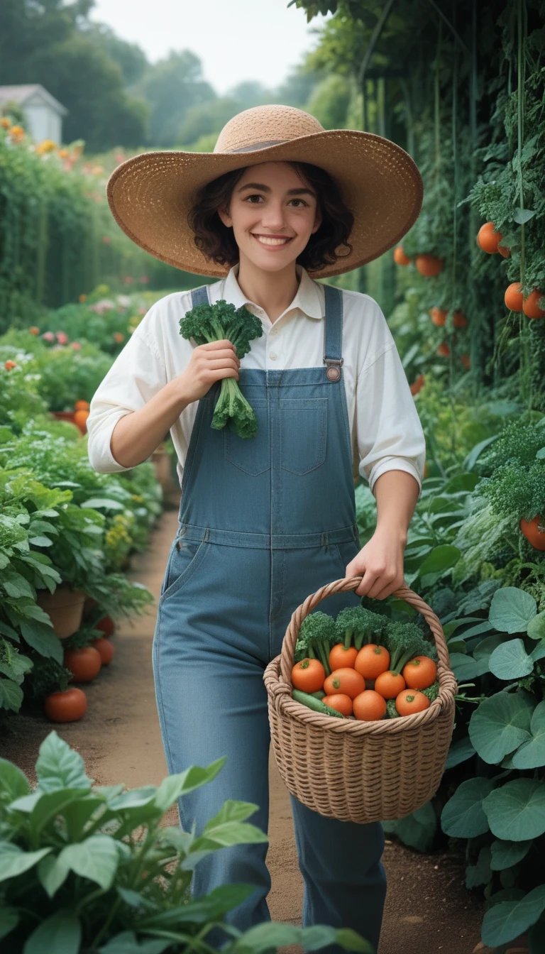 A gardener in a wide-brimmed hat stands smiling with a basket of vegetables in the garden and waves his hand welcomingly 