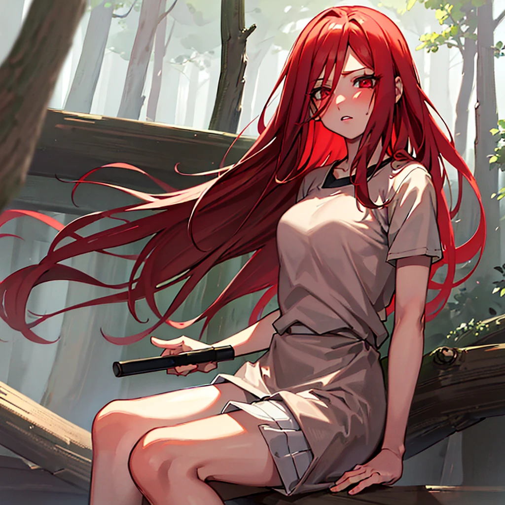 "masterpiece, high quality, (cheered up), Best Quality, 1 girl, dynamic lighting, simple background, Red hair, Red eyes, ((15 years)), beautiful face, pretty eyes, beautiful background, forest, (((Very detailed eyes and face.))), long white shirt, Dynamic pose, sad and blushing face.