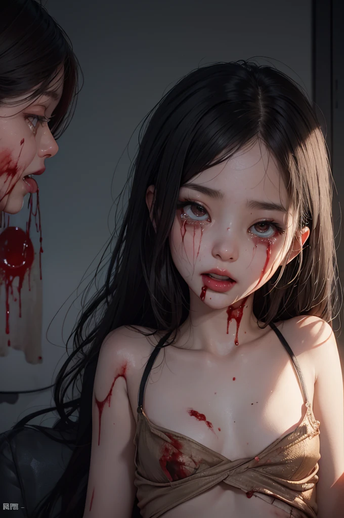 Highest quality, masterpiece, look up, cute,(Horror),(((少女の美しいzombie))),(zombie),(This girl is dead),Trying to bite,(((Bleeding,Injured))),(((Shedding tears of blood))),((口からBleeding)),((Covered in blood)),(A body covered in wounds),((zombieに身体中を噛みつかれた)),((Sexy)),(sexy),((Small breasts)),(Baby Face),(Middle school students),(((Masturbation))),((semen)),Beautiful Style,(((Lower body exposed))),((Pale skin)),(Sensual look),Sexy表情,Expressions of delight,Crazy Smile,((Ahegao)),(Dark atmosphere),(Dark atmosphere,fear),((Dim lighting))