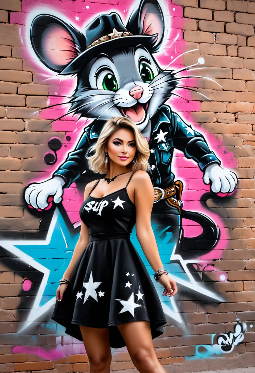 graffiti, pastel, graffiti on brick wall, spray paint on wall, colorful graffiti, street art, cowboy shot, 8_up, 7_up, 6_up furry, mouse, woman, black dress, claws, looking at viewer, cute, bottom view, aesthetic, dramatic angle, night, darkness, stars