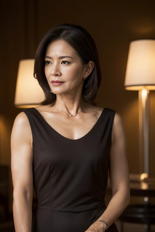 Masseter muscle area, Highest quality, masterpiece, High resolution, Photorealistic, RAW Photos, 8k wallpaper, perfection, Professional Lighting, Very detailed, Depth of written boundary, ((Beautiful woman)), ((Sexy 50 year old women)), (In the hotel lobby), ((Dark colored dress)), ((Look into the viewer's eyes)), Detailed face, Beautiful Eyes, (Maintain good posture and stand at an angle), Bans, Shapely breasts, (Sexy look), Light brown straight hair, (Thick lips),Deep slit、Beautiful feet、whole body、