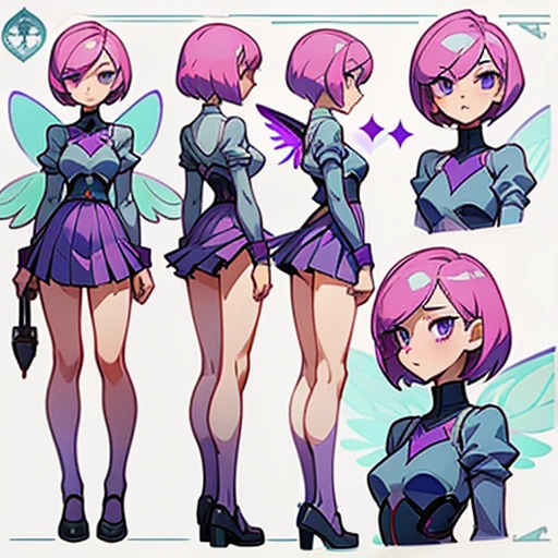 A girl with an angular face and violet eyes, a concentrated and analytical expression.

Short pink hair, styled in a modern and practical cut.

Body with a slim With wide hourglass-shaped hips and a small bust and athletic figure. Light skin. Reflects precision and efficiency.

 in purple and green erótic school uniform (skirt) and with fairy wings With phosphor green technology elements  

(((Character sheet))) (various views) ((front and back) (face detail)