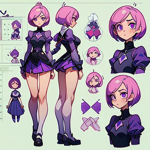 A girl with an angular face and violet eyes, a concentrated and analytical expression.
Short pink hair, styled in a modern and practical cut.
Body with a slim With wide hourglass-shaped hips and a small bust and athletic figure. Light skin. Reflects precision and efficiency.
in purple and green erótic school uniform (skirt) and with fairy wings With phosphor green technology elements
(((Character sheet))) (various views) ((front and back) (face detail)