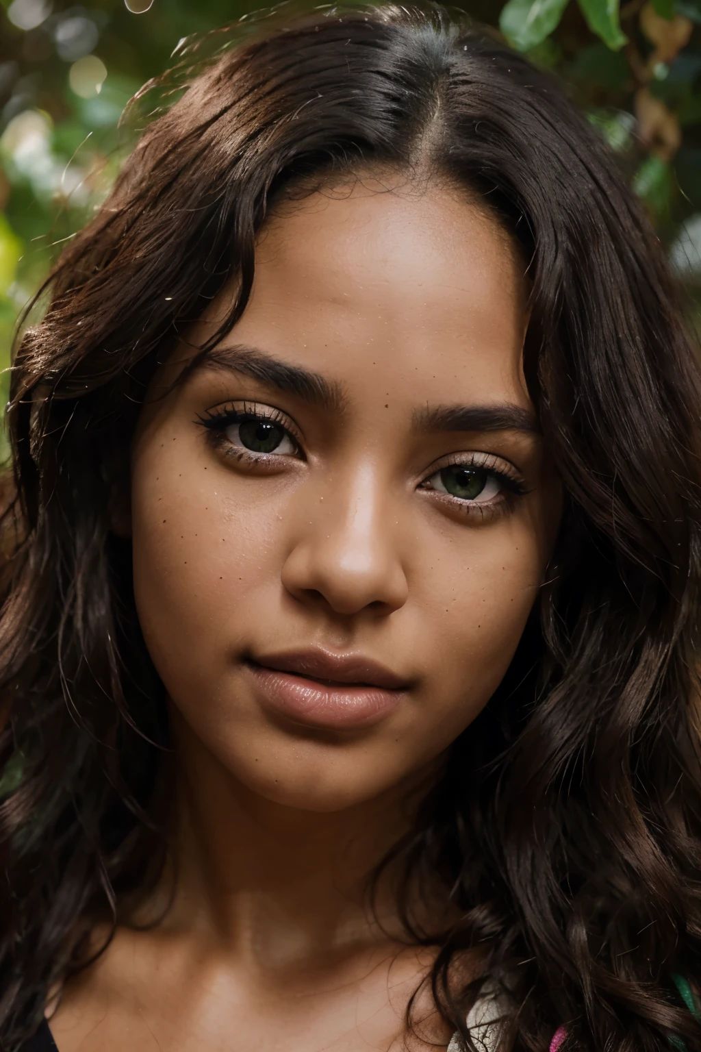 Lovely black woman, 24 years old,long curly hair color brown, green natural eyes, beautiful lip, close-up portrait, extremely detailed face, hyper realistic, photorealistic, HDR, 8K, masterpiece, intricate details, cinematic lighting, vivid colors, warm tones, natural skin texture, flawless complexion