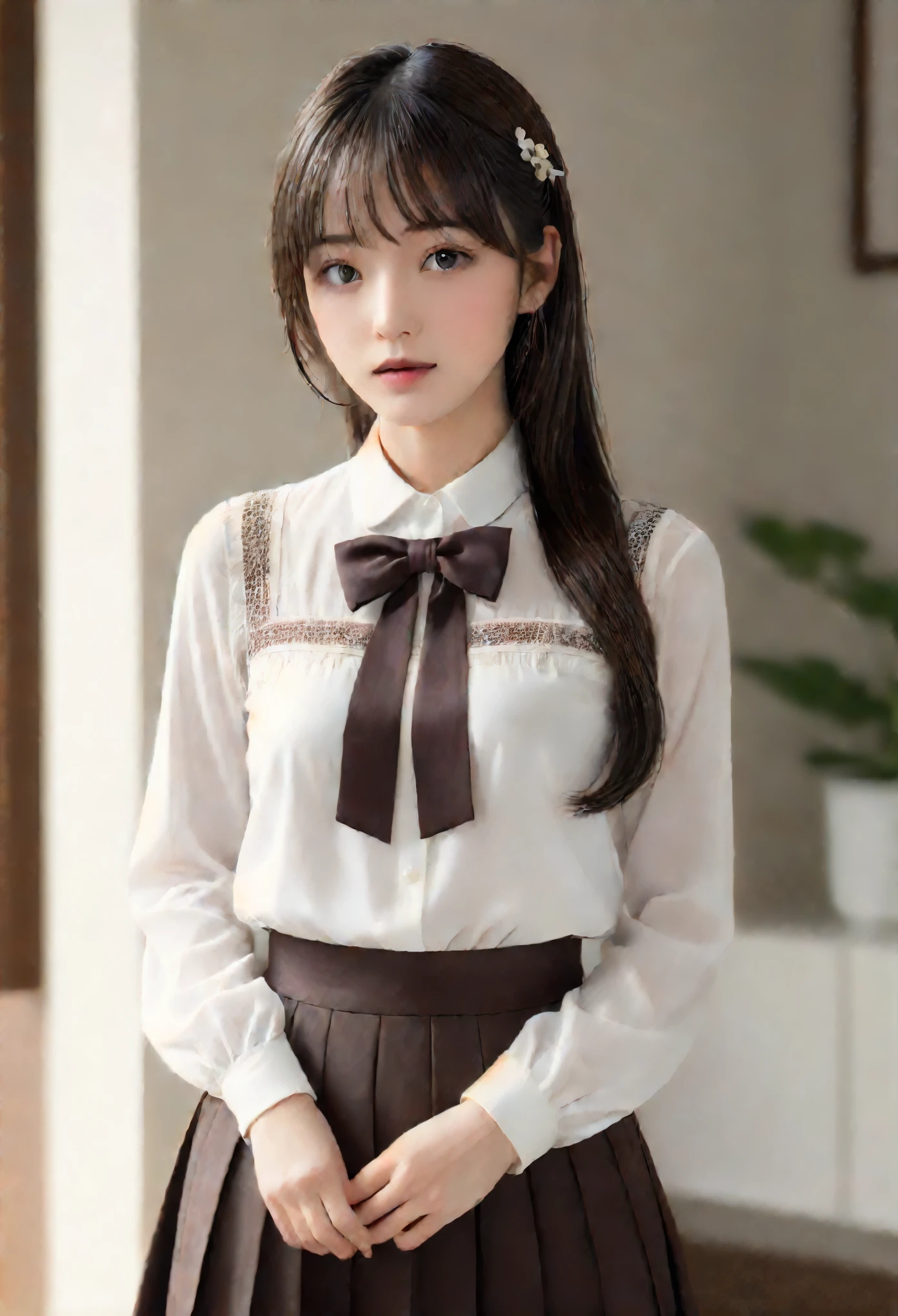 (masterpiece), (最high quality), (Very detailedな), (Best Shadow), (photoRealistic:1.4), Frilled blouse, skirt, white ankle socks, (((((A long shot of a woman walking slowly))))), high quality, masterpiece, Very detailedな, High resolution, 4K, 超High resolution, Detailed Shadows, Ultra-realistic, Dramatic lighting, One Girl, alone, Detailed face, Realistic eyes, Realistic Skin, Dynamic Hair, Dynamic pose, Dynamic Angle, White floral dress, White Background, Urzan-6500-v1.1, (RAW Photos:1.2), ( Realistic:1.4), Beautiful detailed girl, Very detailed eyes and face, Beautiful attention to detail, Ridiculous, incredibly Ridiculous, Large file size, Very detailedな, High resolution, Very detailed, 最high quality, (Bright interior), (Soft Light), (Low contrast), (Shallow depth of field), (portrait of a beautiful woman illuminated by gentle light), (Very delicate and elegant depiction), (Short bangs), (Hair color is dark chestnut with a slight brown tinge), (Hair with subtle and gentle waves), (Small, intricate braids on the side of long hair), (Decorated with thin ribbons), ( White blouse with small frills), (bow tie), (青いロングskirt), (White short ankle socks), shape, Very detailed, CG, Unified, 8k wallpaper, wonderful, Finer details, 最high quality, Very detailed CG Unified 8k wallpaper, Face Light, Cinema Lighting, One Girl, 16 years old,