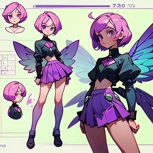A girl with an angular face and violet eyes, a concentrated and analytical expression.

Short pink hair, styled in a modern and practical cut.

Body with a slim With wide hourglass-shaped hips and a small bust and athletic figure. Light skin. Reflects precision and efficiency.

 in purple and green erótic school uniform (skirt) and with fairy wings With phosphor green technology elements  

(((Character sheet))) (various views) ((front and back) (face detail)