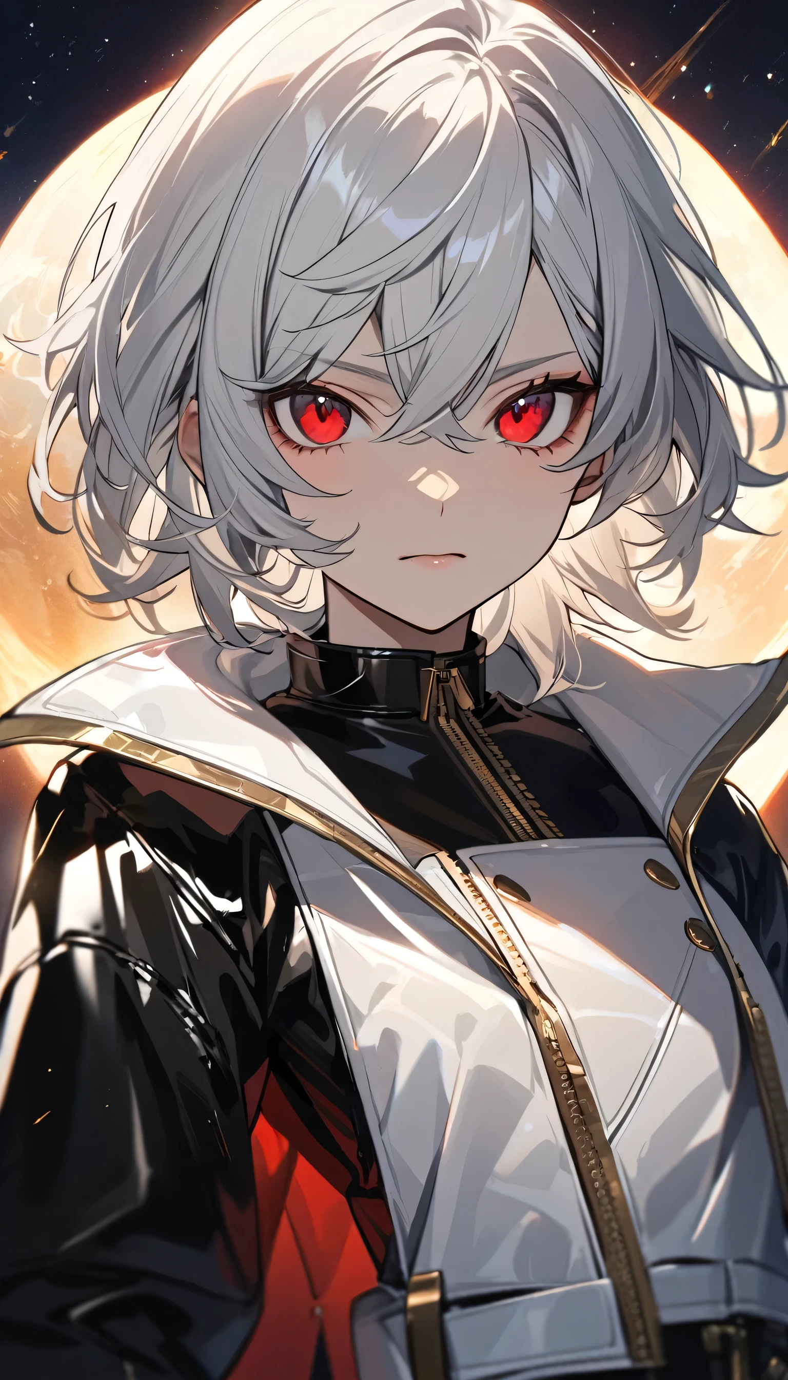 High quality, HD, 4k, cool female, handsome girl, tomboy, 1 female, , teenager, golden lining, short white hair, sharp red eyes, vampire, close up, calm expression, stoic expression, black leather clothes, white leather clothing, looking at viewer, cowboy shot, white solar, space background