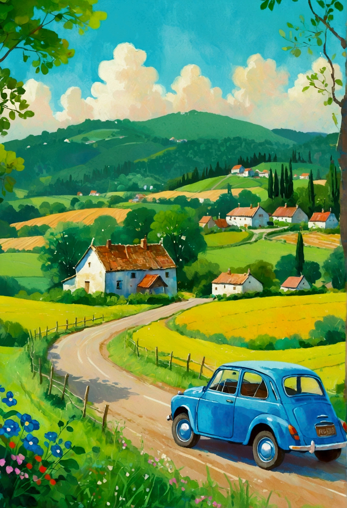 Painting of a blue car driving along a country road，A village in the background, Einmon（Do the Immun）A detailed painting of, Shutterstock competition winner, Childish Art, Hand drawn cartoon art style, countryside city scene, Vibrant gouache landscape, Landscape Artwork, A beautiful artistic illustration,  In the country, Stylized digital illustration