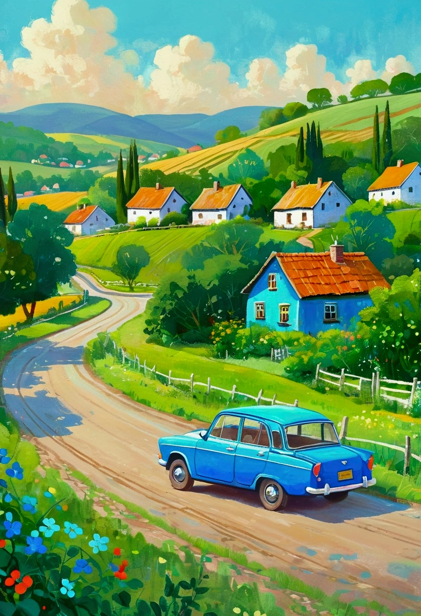 Painting of a blue car driving along a country road，A village in the background, Einmon（Do the Immun）A detailed painting of, Shutterstock competition winner, Childish Art, Hand drawn cartoon art style, countryside city scene, Vibrant gouache landscape, Landscape Artwork, A beautiful artistic illustration,  In the country, Stylized digital illustration