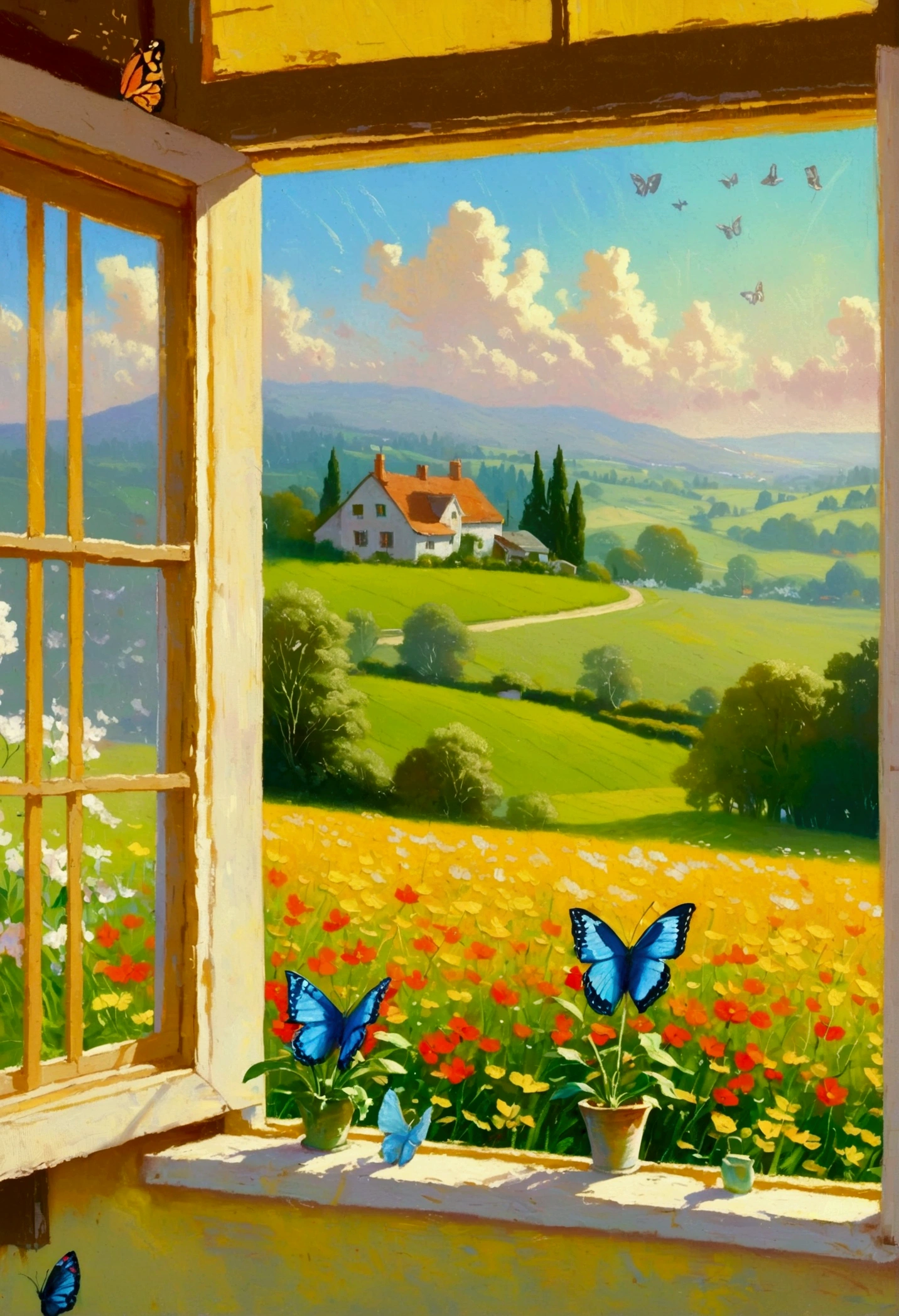 A painting，There is a window in the painting，There is a field outside the window，And a butterfly, Fine Art by Jerry Weiss, cg Club Competition Winners, Wonderful realism, rhads 和 thomas kinkade, Beautiful scenery, Beautiful wallpapers, Summer Afternoon, open the windows, Butterfly, Spring morning, summer morning light, Peaceful scene, Beautiful art UHD 4K, open the window