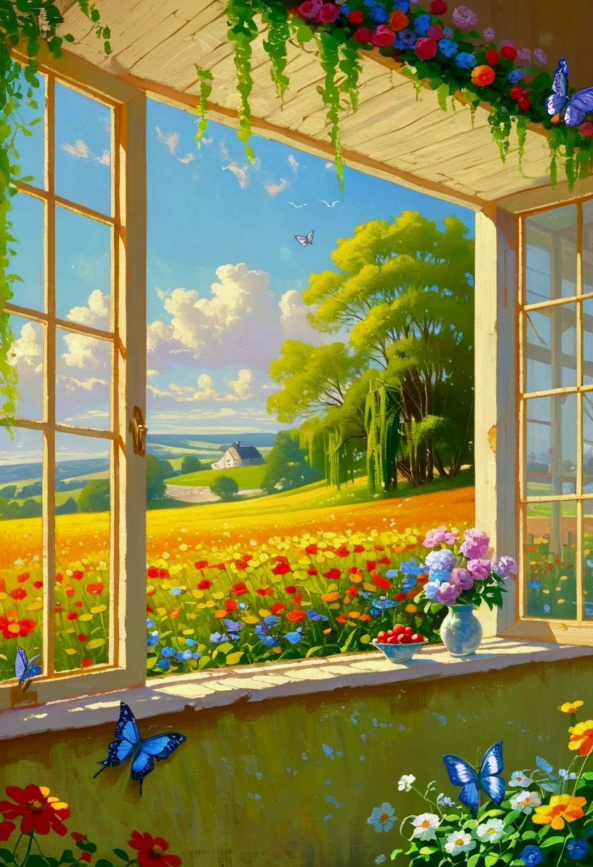 A painting，There is a window in the painting，There is a field outside the window，And a butterfly, Fine Art by Jerry Weiss, cg Club Competition Winners, Wonderful realism, rhads 和 thomas kinkade, Beautiful scenery, Beautiful wallpapers, Summer Afternoon, open the windows, Butterfly, Spring morning, summer morning light, Peaceful scene, Beautiful art UHD 4K, open the window