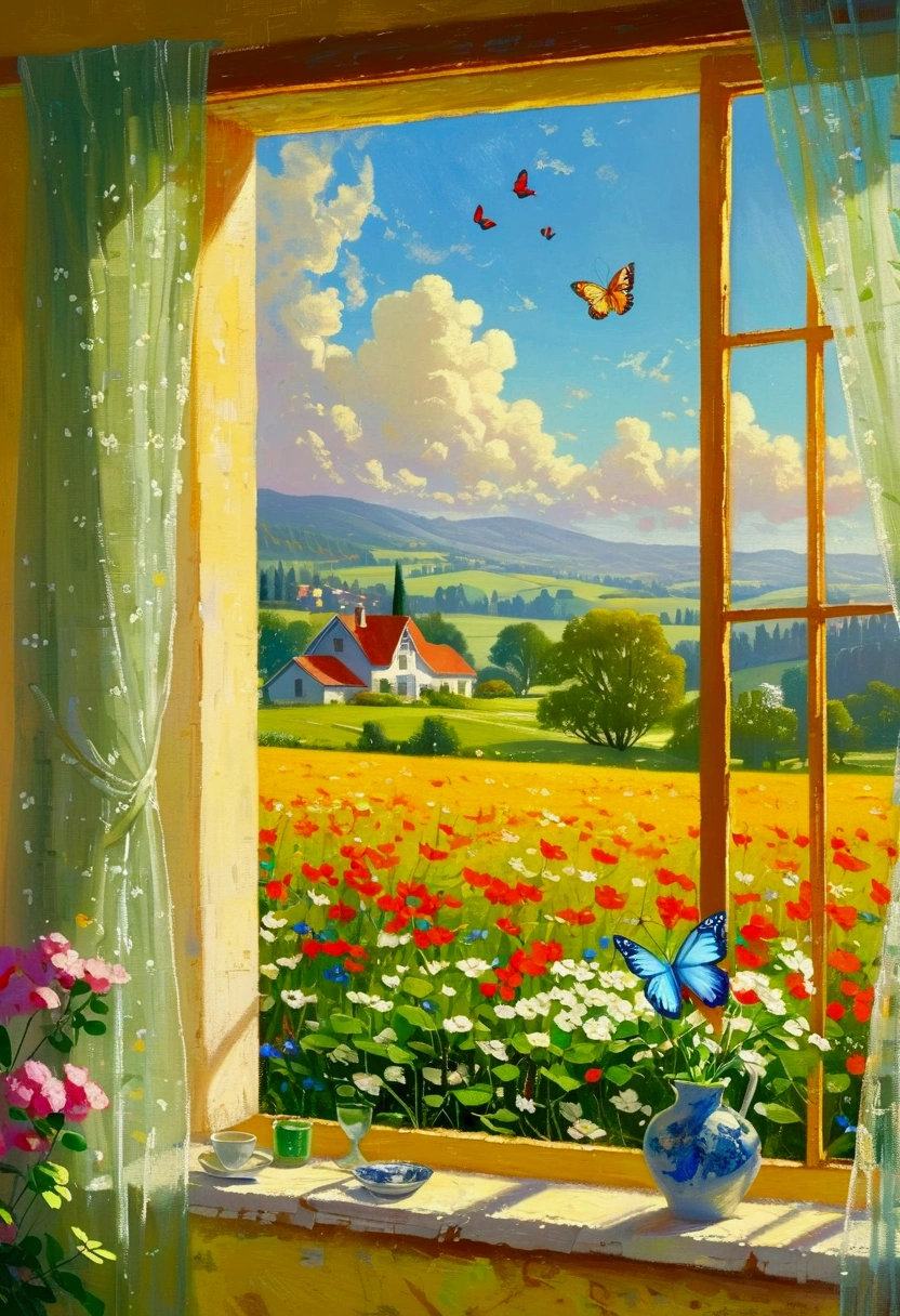 A painting，There is a window in the painting，There is a field outside the window，And a butterfly, Fine Art by Jerry Weiss, cg Club Competition Winners, Wonderful realism, rhads 和 thomas kinkade, Beautiful scenery, Beautiful wallpapers, Summer Afternoon, open the windows, Butterfly, Spring morning, summer morning light, Peaceful scene, Beautiful art UHD 4K, open the window