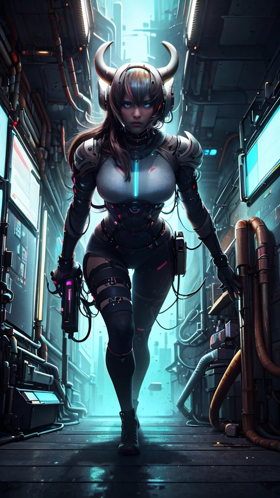 Highest quality,masterpiece,16K,In a curved tunnel,Multi-line lighting,Futuristic,Future Technology Tunnel,Complex structure,One girl,Dynamic pose,Looking into the camera,Girl chased by monster