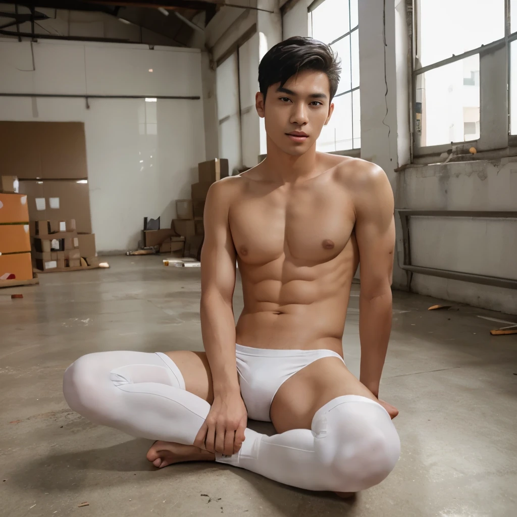 1 handsome young man,Young Asian Man,,thin,blink,Normal body , white panties, , Full Height , Cover photo, Instagram model , in the old warehouse , Stocking pose , sitting on the floor