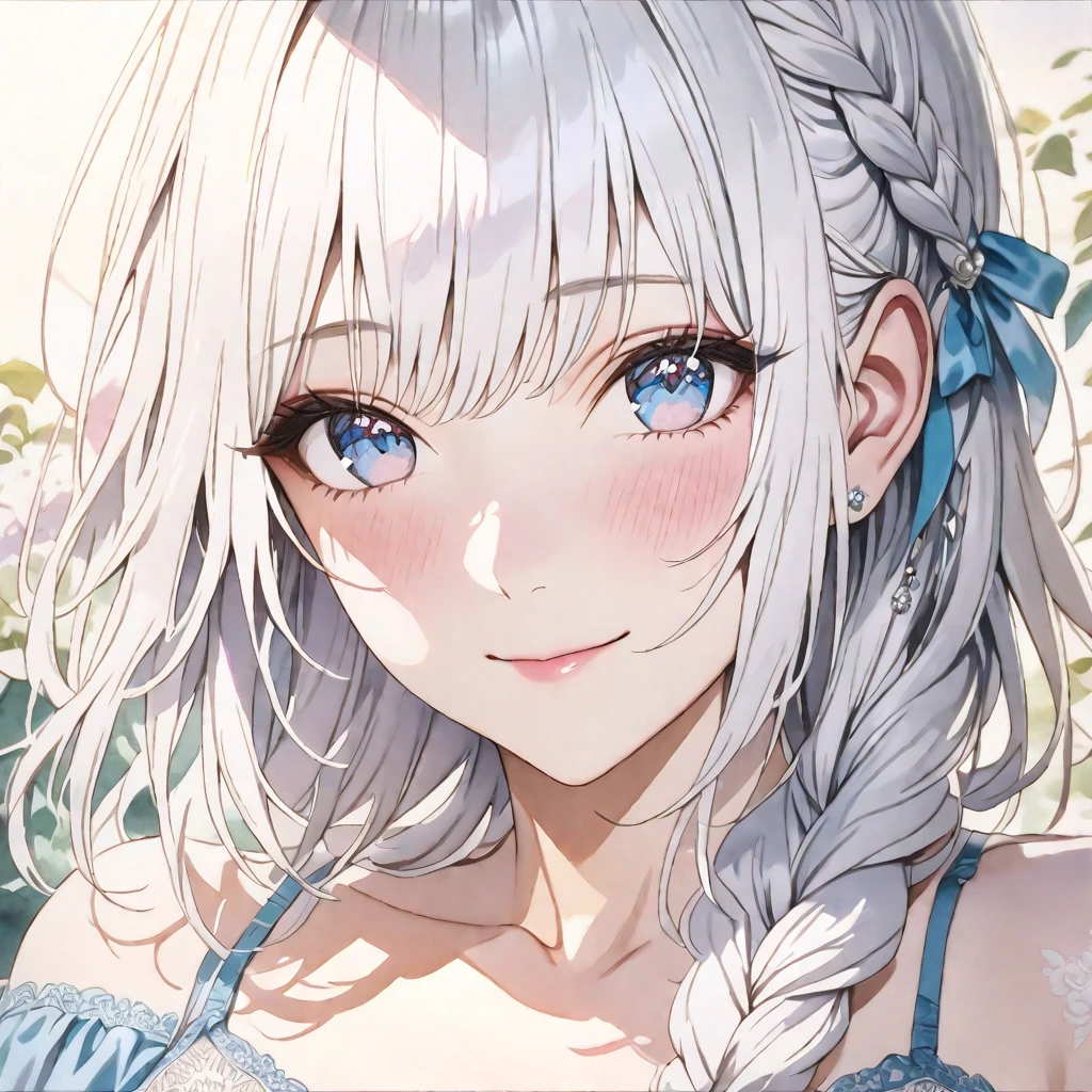 a beautiful detailed girl with long light white hair in a braid, heavy bangs, soft light blue eyes, a sweet smile, wearing a sexy lacy camisole, detailed watercolor painting, solo, handsome, ta, photorealistic, 8k, high quality, masterpiece, intricate details, sharp focus, vivid colors