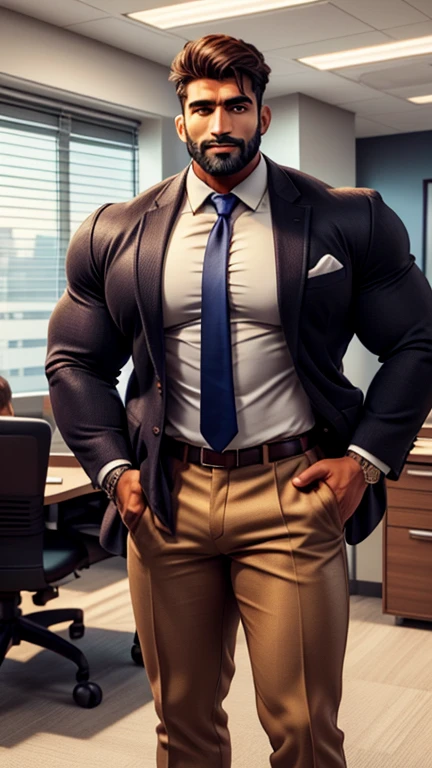 Front open Office suit and showing hairy chest close up focus on holding by hand wetty bulge indian perfect wetty big hairy monster bulge in pant, masterpiece