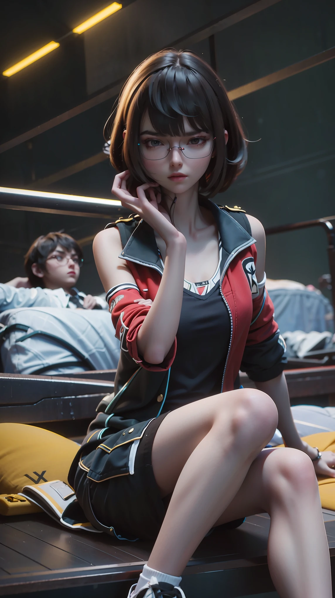 a beautiful young woman with brown eyes and brown hair, sitting cross-legged on a bed, one leg slightly raised, wearing black shorts, a red tank top, an open white jacket, white thigh-high socks, and sneakers, against a fiery background, in an athletic pose