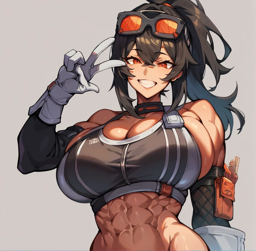 score_9, score_8_up, score_7_up,sports bra, black choker, black gloves, white gloves, elbow gloves, gracehd-ponyxl, black hair, ponytail, eyewear on head, abs, huge breasts, overflowing breasts, skindentation, peace sign, smile, looking at viewer