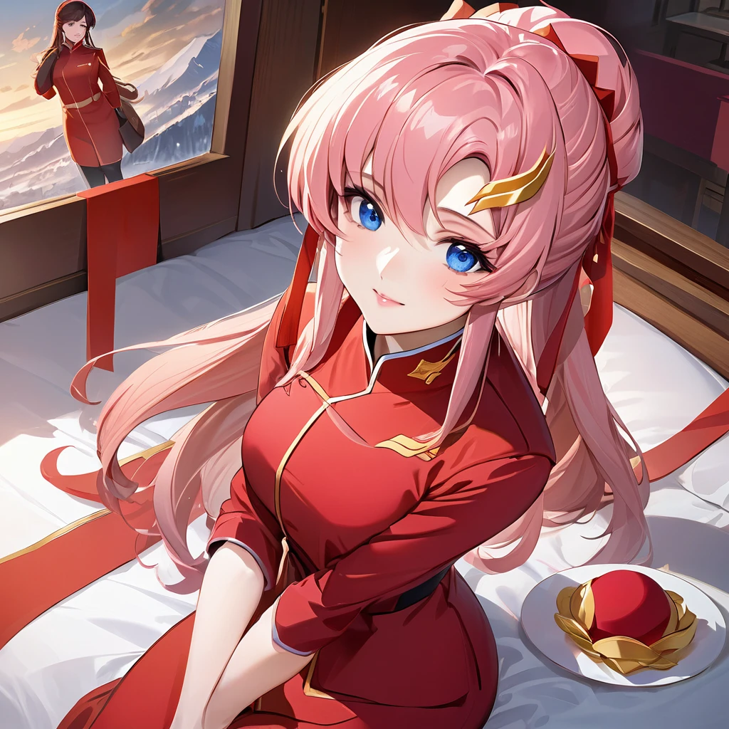 ((Highest quality)), ((masterpiece)), (detailed), （Perfect Face）、The woman is a Chinese Lacus Clyne, a Chinese woman with blue eyes and medium-long pink hair who is wearing an engagement ring. She has become a member of the glorious Chinese Communist Party and has sworn absolute loyalty to the party. She is a righteous Communist Party member of the ruling China and the wife of a great Communist Party official.、The woman is wearing the fine uniform of a Chinese Communist Party member.、For the sake of China, their hairstyles, clothes, and everything they wear are all Chinese Communist Party items, and their thoughts are also Chinese, becoming great Chinese in body and mind.、The woman became Lacus Clyne, a Chinese woman who was proud of and loved China.、She is serving China as a member of the great Communist Party of China.、The woman is a beautiful, respectable and exemplary Communist Party member.