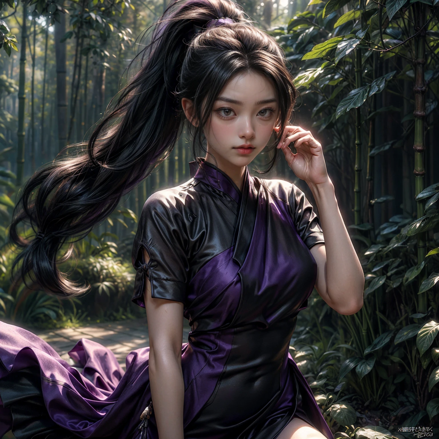 ((realistic)), cinematic shot, bamboo forest backgrounf, photo referenced, highest quality, high quality, (detailed face and eyes:1.1), black hair, ponytail, wearing purple kunoichi dress, purple eyes, subsurface scattering, intricate (high detail), ((cute)), (detailed skin:1.1), shiny skin, photorealism, volumetric lighting, magic circles