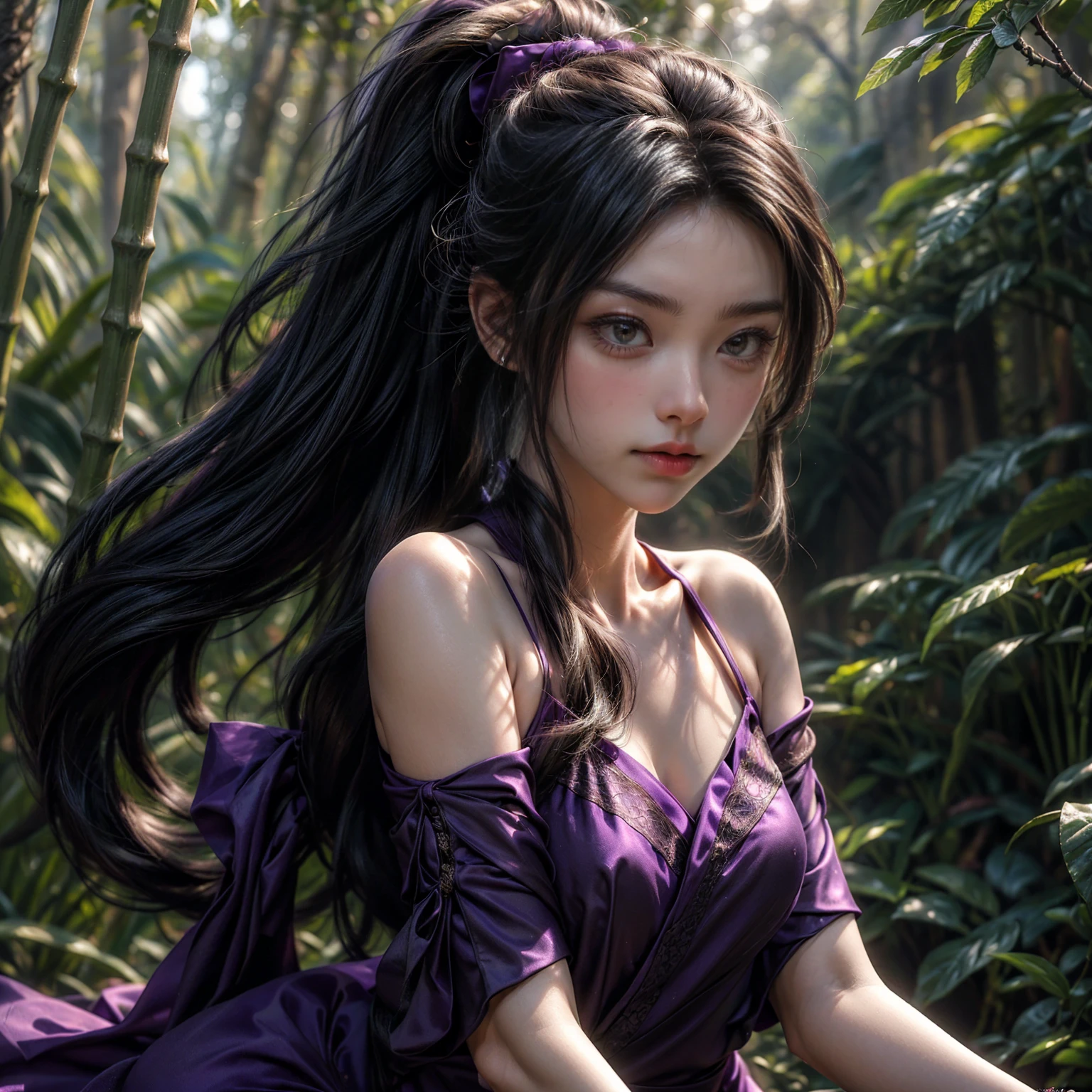 ((realistic)), cinematic shot, bamboo forest backgrounf, photo referenced, highest quality, high quality, (detailed face and eyes:1.1), black hair, ponytail, wearing purple kunoichi dress, purple eyes, subsurface scattering, intricate (high detail), ((cute)), (detailed skin:1.1), shiny skin, photorealism, volumetric lighting, magic circles
