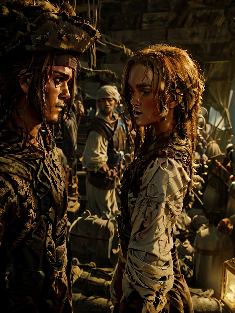 (masterpiece, Highest quality, 8k, light brown hair, eyepatch, from side, cinematic lighting, textured skin, best quality), Pirates 2, Facing each other, 1boy1girl, Spit on, sword, On board, In the storm, My face is wet, Water Drop