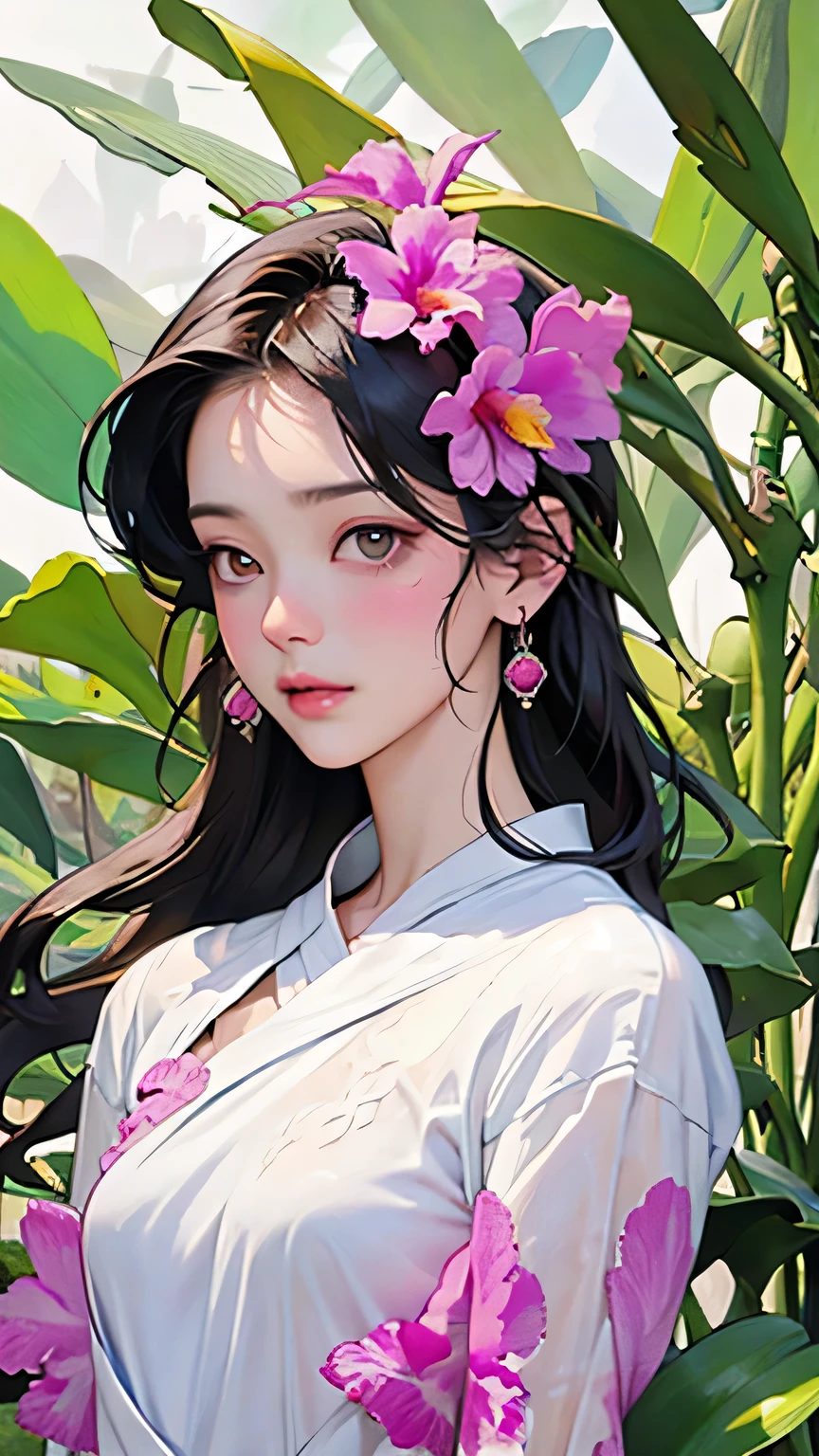 (highest quality、High resolution、masterpiece)、4K Anime Art、(Cattleya, flower, full body, plant、greenhouse、garden)、(Tropical 花s and ornamental plants)、(Orchid Fairy、Beautiful Face、Moisturized Skin、one piece、Small breasts、whole body)、(Soft Light)、(Soft Shading)、(Edmund Leighton Style)、(Sargent-style watercolor)、(White Background)、(No background)、Blur the background、