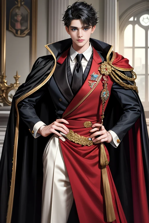 masterpiece, 最high quality, high quality, 1 boy, alone, Male focus, Watching the audience, Messy black hair, Adorable big blue eyes, White, Noble, Noble,A black and red cape that is bursting with sexy volume、Tuxedo、A very voluminous, large, very large, very large, long, long red and black cape with a high stand-up collar, made of a lot of fabric that reaches down to the floor., 17 years old,Cute beautiful boys,Cute, cute, kind, handsome guy