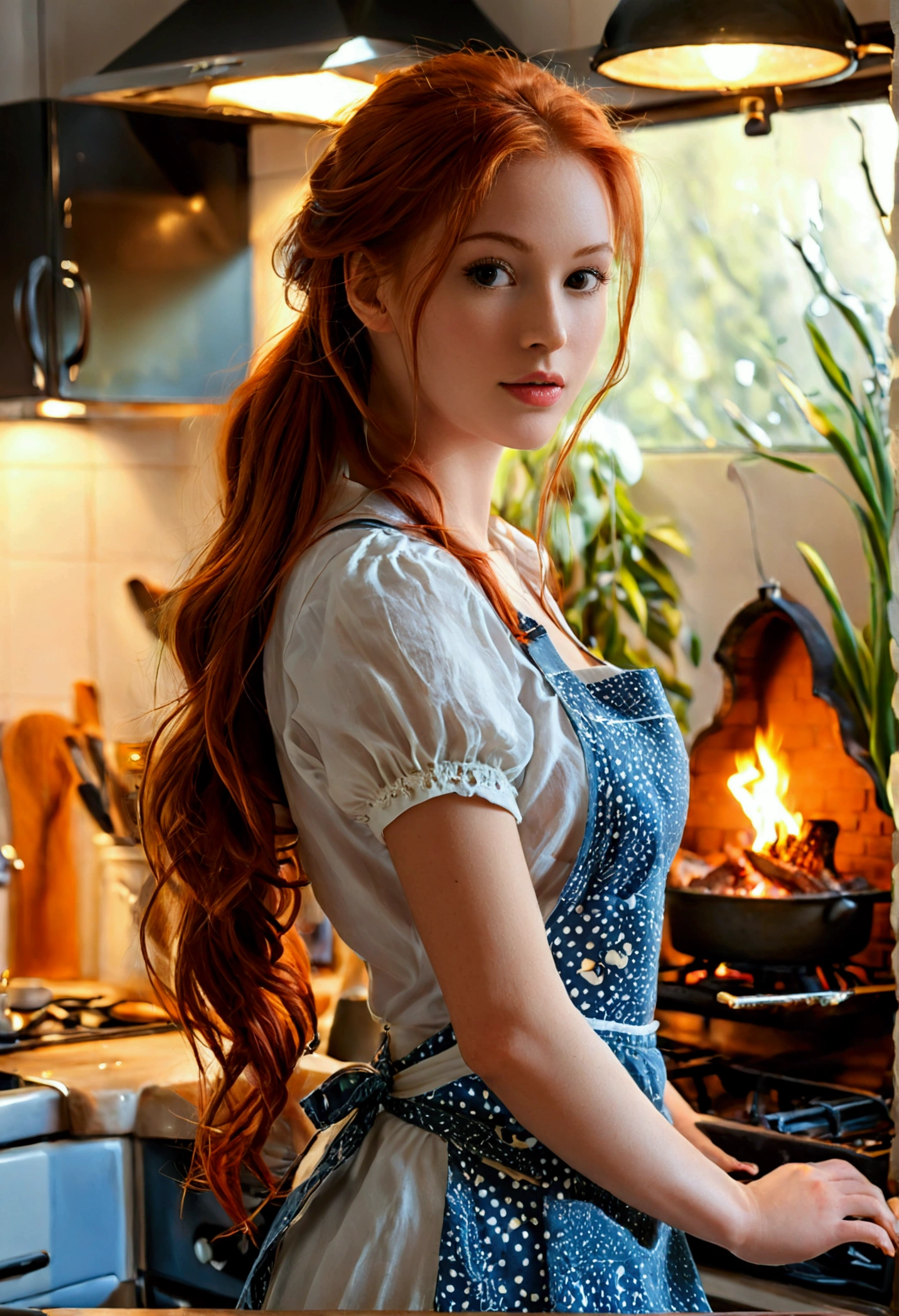(full body shot:1) photorealistic image of a (standing pose:1.1) ultrarealistic, photography, long red hair, woman, 24 years old, hourglass figure, perfect body, Flirty look, natural medium breasts, blur background, wearing a housewife outfit and an apron, she is looking at the stove, there is a roasted duck on the stove