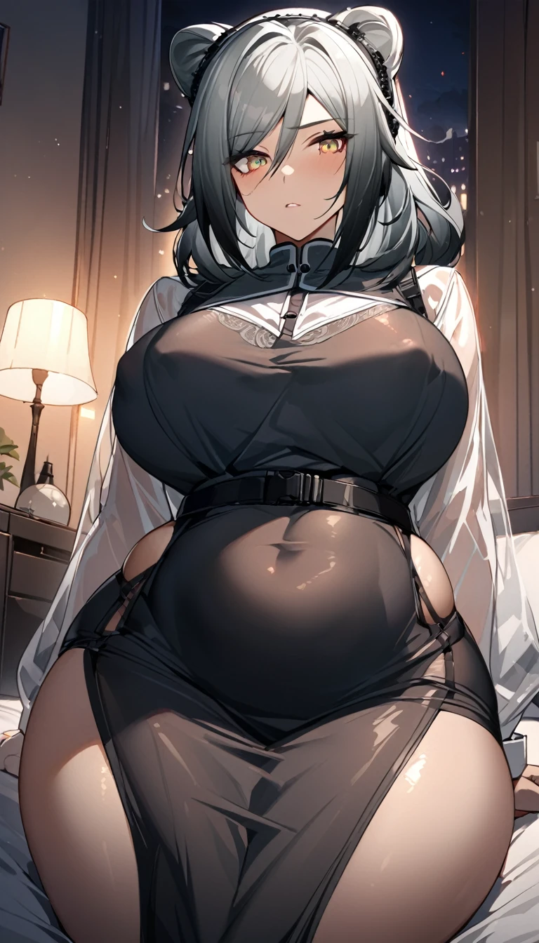 Schwarz(Arknights),grey hair,curvy body, wearing clothes(Muslim attire),bedroom, night setting,close view,nsfw.