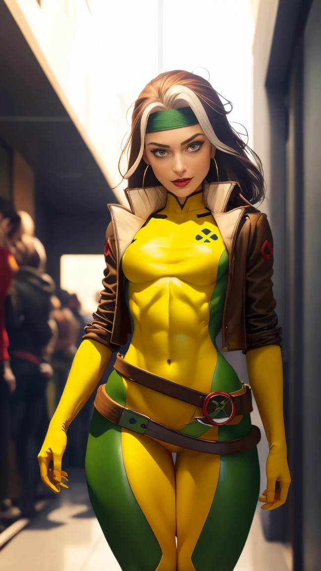 (muscular:1.3), (thick thighs:1.6),
CARTOON_X_MENs_Rogue, clsscrgedsk, big smile,
red lipstick, eyeshadow, red lips,
(hard nipples), (small breasts:1.5),
jacket, open clothes, belt, open jacket, headband, leather jacket, green pants, yellow pants, yellow leather top, green leather top, crop top, navel
looking at viewer, (three quarter view:1.3), (upper body view),
rim lighting, two tone lighting, dim lighting, bokeh, detailed skin, detailed eyes, blue eyes,