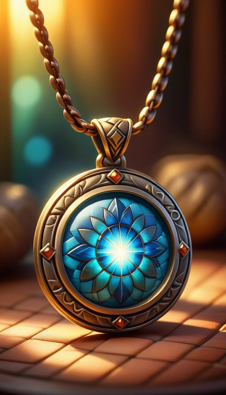 mad_showy_Checkers , macro photo, glowing magic fantasy magic necklace,  the light shines through, Very detailed, amazing quality, Intricate, cinematic light, Very detailed, beautiful, surreal, dramatic, warm colors,