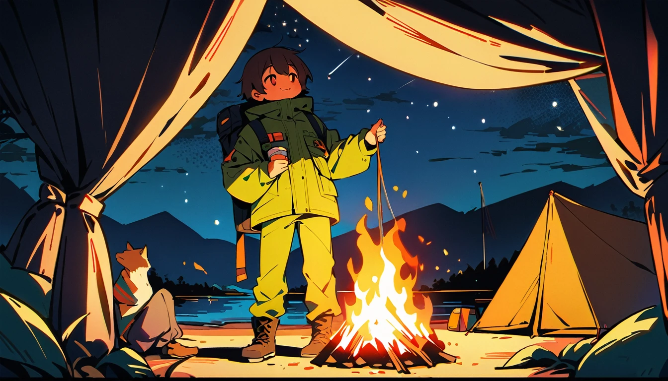 (high quality, 8k, 4K, High Contrast, masterpiece:1.2, 最high quality, Best aesthetics), campfire, night lakeside, Tents and camping equipment, Firefighter, A person stuffing their cheeks with food, Man standing next to a tent, smile, Look up at the starry sky, Fun time, Wide々And, Soft bonfire light, Best memories,