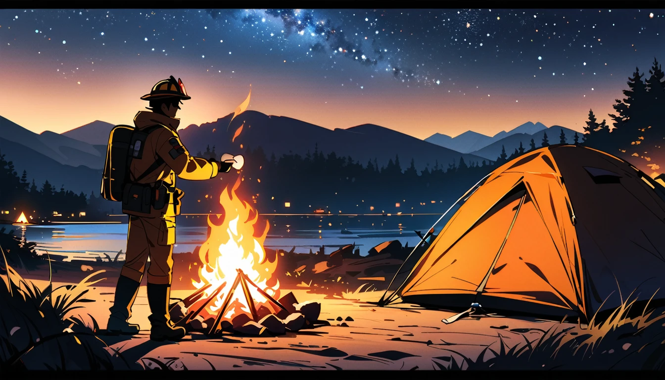 (high quality, 8k, 4K, High Contrast, masterpiece:1.2, 最high quality, Best aesthetics), campfire, night lakeside, Tents and camping equipment, Firefighter, A person stuffing their cheeks with food, Man standing next to a tent, smile, Look up at the starry sky, Fun time, Wide々And, Soft bonfire light, Best memories,