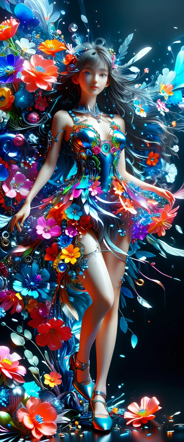(3D,mechanical感,cute,ais-scrapyrd 1girl,mechanical),(使用广角镜头拍摄whole body图像:1.9),(masterpiece:1.1),(Highest quality:1.1),(HDR:1.0),Ambient Light,Ultra high quality,(Ultra-detailed original illustrations),(1 Girl,whole body),(Rainbow Skirt),(Slender thighs),(Shoes made of flowers: 1.5),((Harajuku Fashion)),((Flowers with human eyes,Eye disease)),Double Exposure,Fusion of Fluid Abstract Art,Fault,(Original illustration composition),(Limited color blending,Extreme art style,Geometric artstyle), , Colorful neon lights,高科技mechanical部件,Metal body,Detailed Vibranium Flower Design,Vibrant colors,Dynamic glowing flowers,Reflective metal surface,Bright environment,Dynamic poses,Exquisite existence,Skills Improvement,互锁mechanical齿轮,Stylish design,motion blur effect,Detailed metal treatment,Sci-fi atmosphere,Streamlined aerodynamic shape,Laser scanning pattern,Holographic projection,LED light track,Beautiful and unforgettable,Advanced sensors,Complex algorithms,Ominous and mysterious atmosphere,Electric Spark,Shiny chrome,Propulsion systems of the future,(Best quality,8k,high resolution,masterpiece:1.2),Super detailed,(whole body:1.8), magazine photography,一个cute的女孩形象,Popular on social platforms,((Dopamineism)),(((Dopamine color matching))),Dopamine,(in the style of Y2K),Luo Erchun,3D古风,Oriental poetry and painting