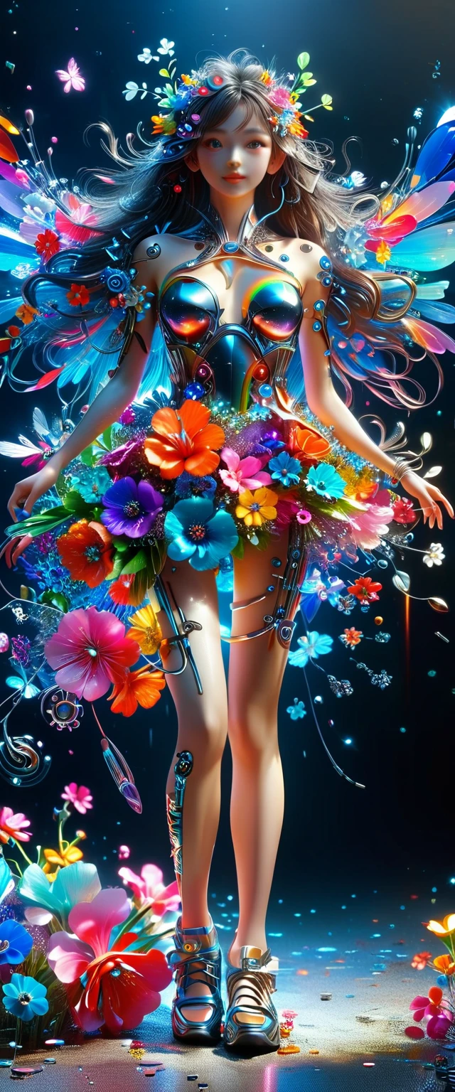 (3D，mechanical感，cute，ais-scrapyrd 1girl，mechanical)，(使用广角镜头拍摄whole body图像:1.9)，(masterpiece:1.1)，(Highest quality:1.1)，(HDR:1.0)，Ambient Light，Ultra high quality，(Ultra-detailed original illustrations)，(1 Girl，whole body)，(Rainbow Skirt)，(Slender thighs)，(Shoes made of flowers: 1.5)，((Harajuku Fashion))，((Flowers with human eyes，Eye disease))，Double Exposure，Fusion of Fluid Abstract Art，Fault，(Original illustration composition)，(Limited color blending，Extreme art style，Geometric artstyle), , Colorful neon lights，高科技mechanical部件，Metal body，Detailed Vibranium Flower Design，Vibrant colors，Dynamic glowing flowers，Reflective metal surface，Bright environment，Dynamic poses，Exquisite existence，Skills Improvement，互锁mechanical齿轮，Stylish design，motion blur effect，Detailed metal treatment，Sci-fi atmosphere，Streamlined aerodynamic shape，Laser scanning pattern，Holographic projection，LED light track，Beautiful and unforgettable，Advanced sensors，Complex algorithms，Ominous and mysterious atmosphere，Electric Spark，Shiny chrome，Propulsion systems of the future，(Best quality，8k，high resolution，masterpiece:1.2)，Super detailed，(whole body:1.8), magazine photography，一个cute的女孩形象，Popular on social platforms，((Dopamineism))，(((Dopamine color matching)))，Dopamine，(in the style of Y2K)，Luo Erchun，3D古风，Oriental poetry and painting