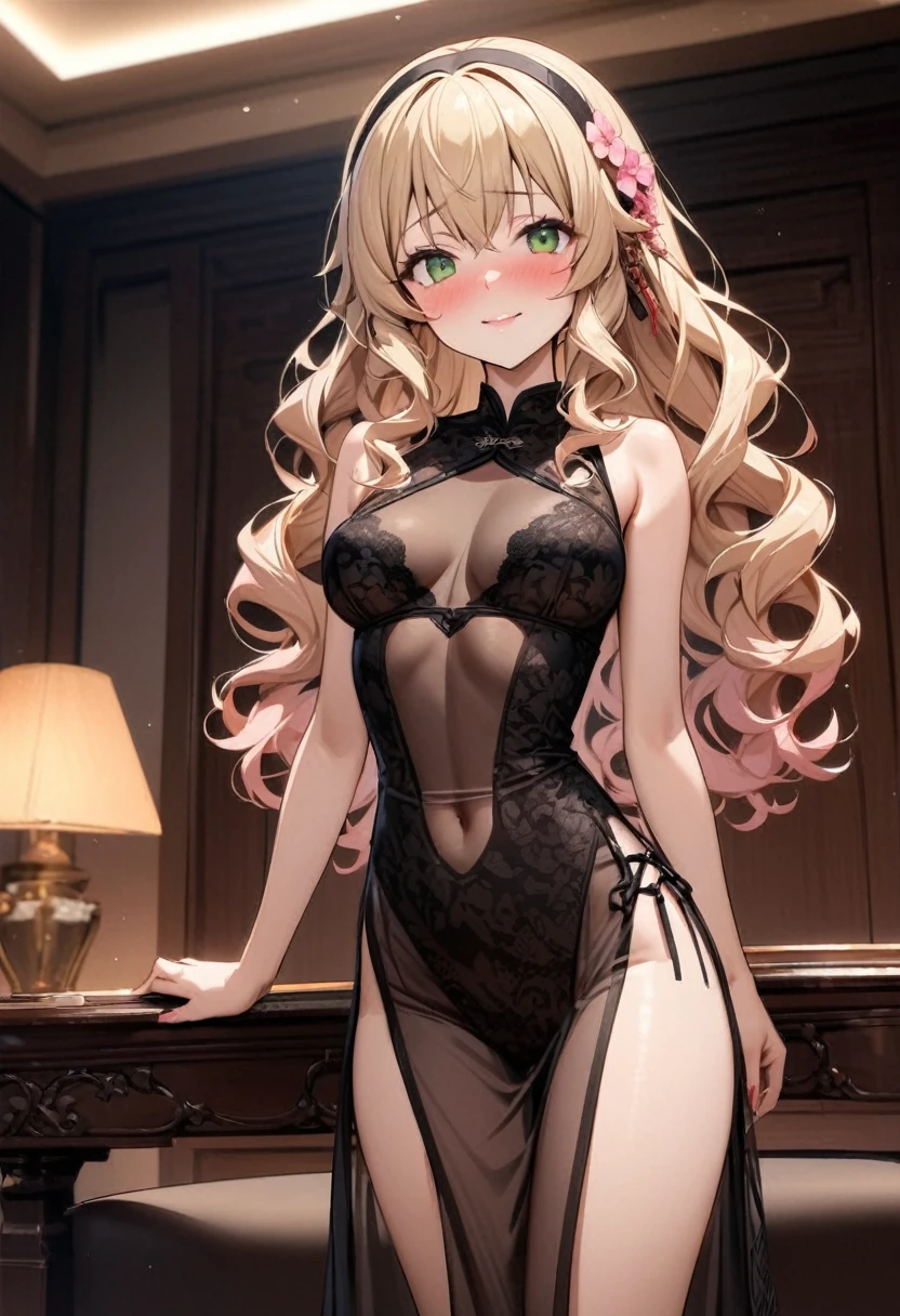 masterpiece,Highest quality, Very detailed,One Girl(Sakurai Momoka,Slender and sexy body, Nice big , Wavy Hair, Long Hair, blonde, head band, Pink flower in hair,Green Eyes), Bright Face, A light smile, Lips parted, nose blush, blush, In-person audience , View your audience, Tilt your head, alone, Red Chinese Dress,、See-through long dress, ,See-through sleeveless tops, Black lace knee socks, In the living room, Are standing, Seduce your sexy waist