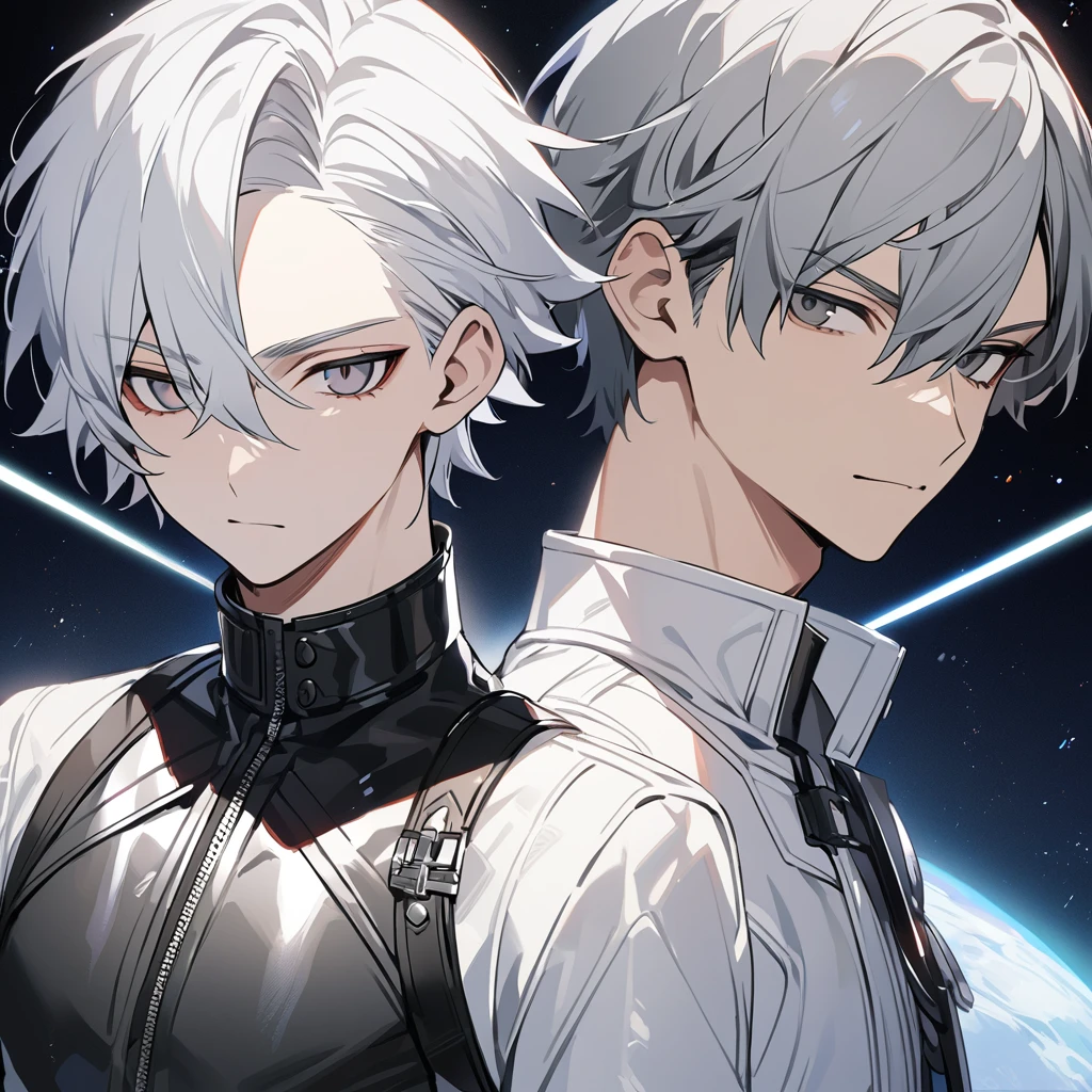 High quality, HD, 4k, no shadows, handsome male, 1male, 17 years old, teenager, short white hair, silver hair, white hair, sharp eyes, dark grey colored eyes, deep grey eyes, grey eyes, devil may cry, close up, calm expression, stoic expression, black leather clothes, white leather clothing, lean body, well trained body, upper body, looking at viewer, cowboy shot, white solar, space background