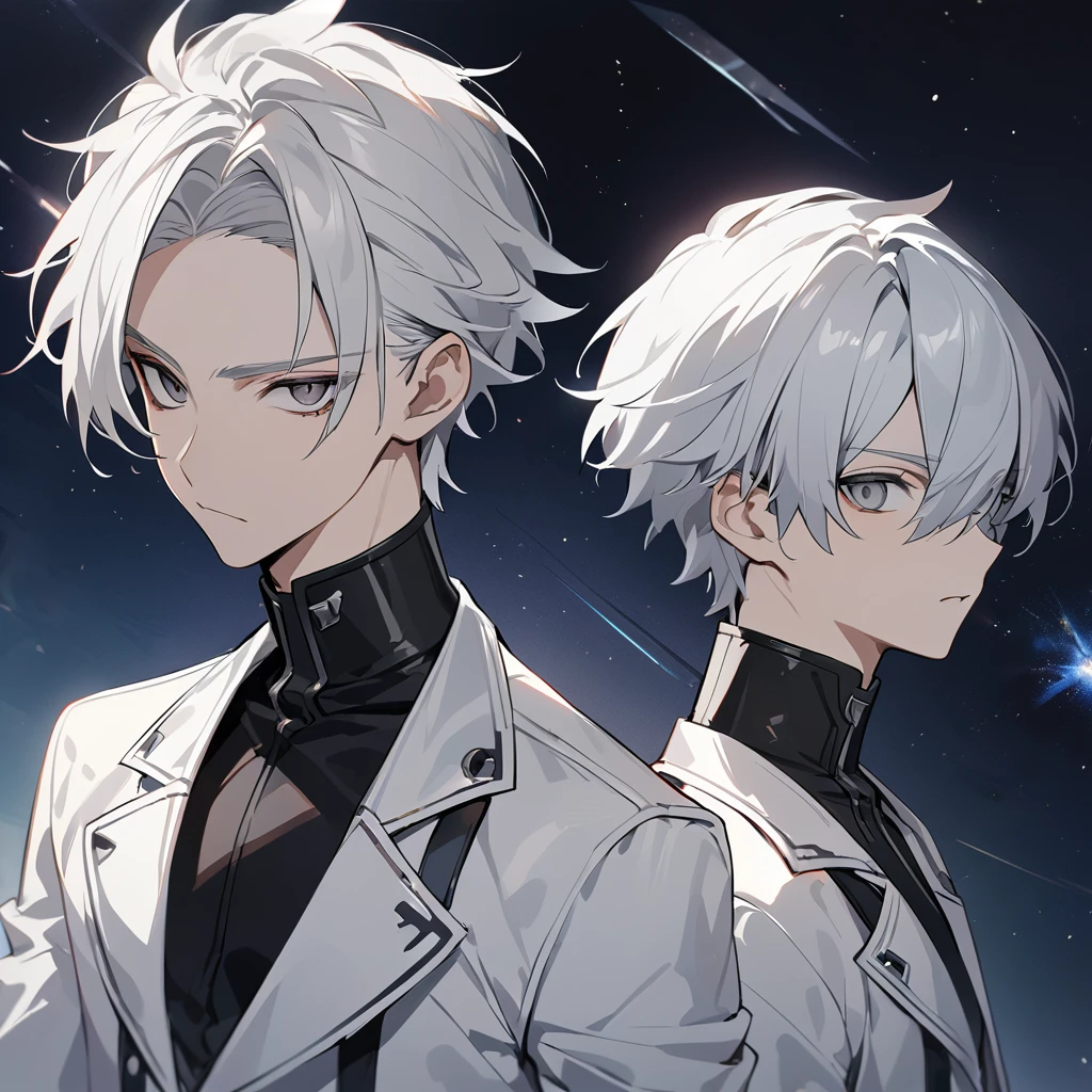 High quality, HD, 4k, no shadows, handsome male, 1male, 17 years old, teenager, short white hair, silver hair, white hair, sharp eyes, dark grey colored eyes, deep grey eyes, grey eyes, devil may cry, close up, calm expression, stoic expression, black leather clothes, white leather clothing, lean body, well trained body, upper body, looking at viewer, cowboy shot, white solar, space background