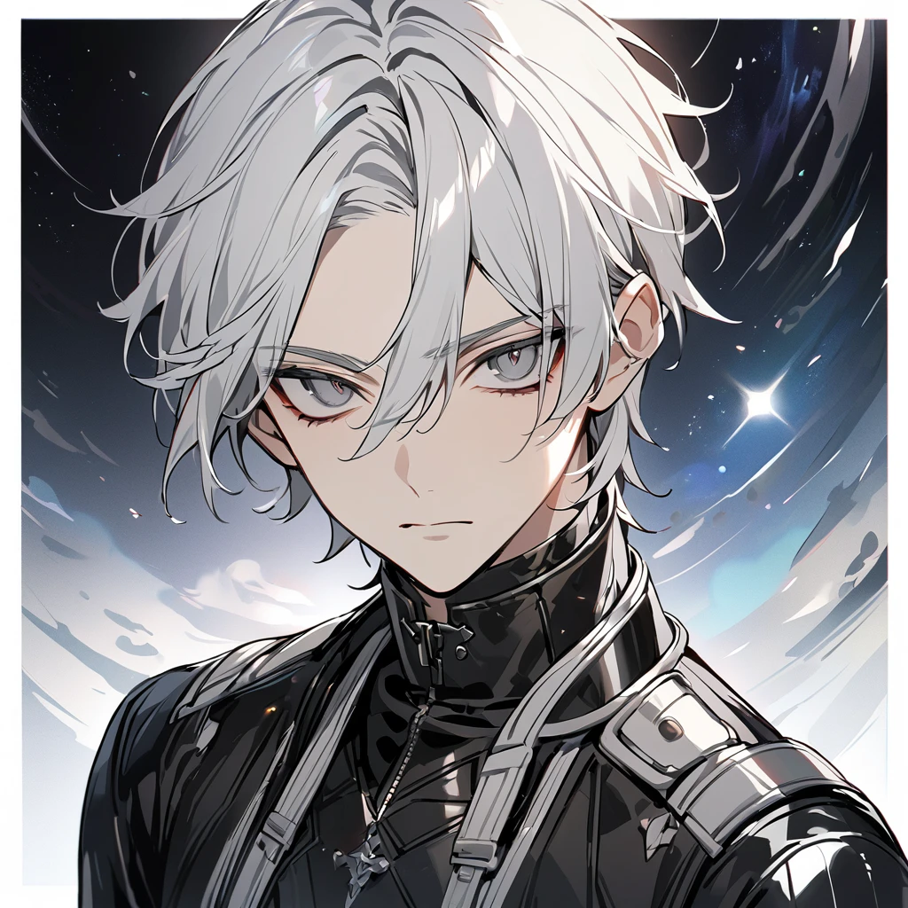 High quality, HD, 4k, no shadows, handsome male, 1male, , teenager, short white hair, silver hair, white hair, sharp eyes, dark grey colored eyes, deep grey eyes, grey eyes, devil may cry, close up, calm expression, stoic expression, black leather clothes, white leather clothing, lean body, well trained body, upper body, looking at viewer, cowboy shot, white solar, space background