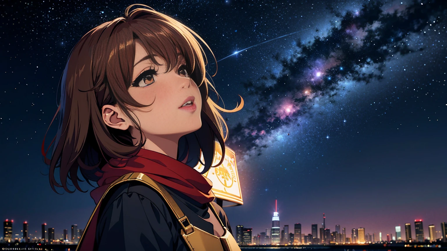 （Brown Skin）　City night view　Starry Sky　Looking up at the sky　woman　Knight&#39;s Attire　adult　Fantasy World