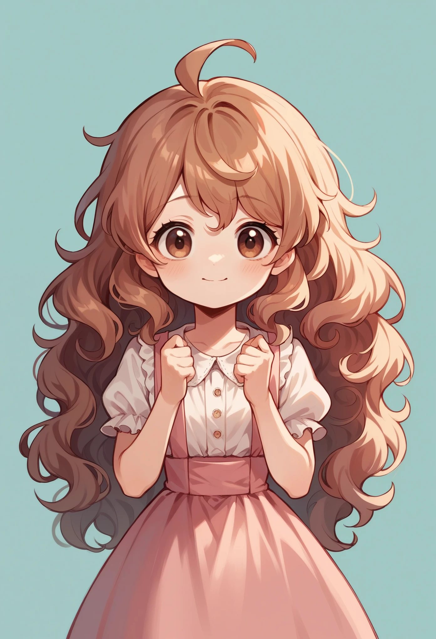 young girl, long wavy hair, Cute face, Wear a sweet pink dress, bright, brown eyes, cute cartoon, Big head,small