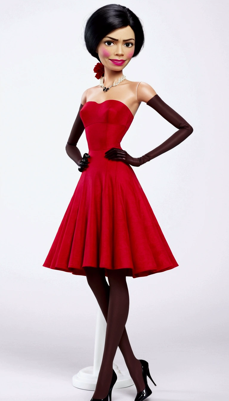 a closeup of a cartoon woman wearing a red dress, detailed image, Grayscale photography with red dress., anorexic figure, on a mannequin. High resolution, the girl is wearing a red dress, half-turned lady in evening dress, wearing a red dress, Woman dressed, girl figure, woman model, A hyperrealist, pixar doll deep focus